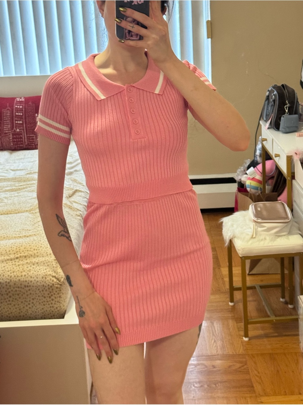 Pink Ribbed Knit Polo Mini Skirt Set